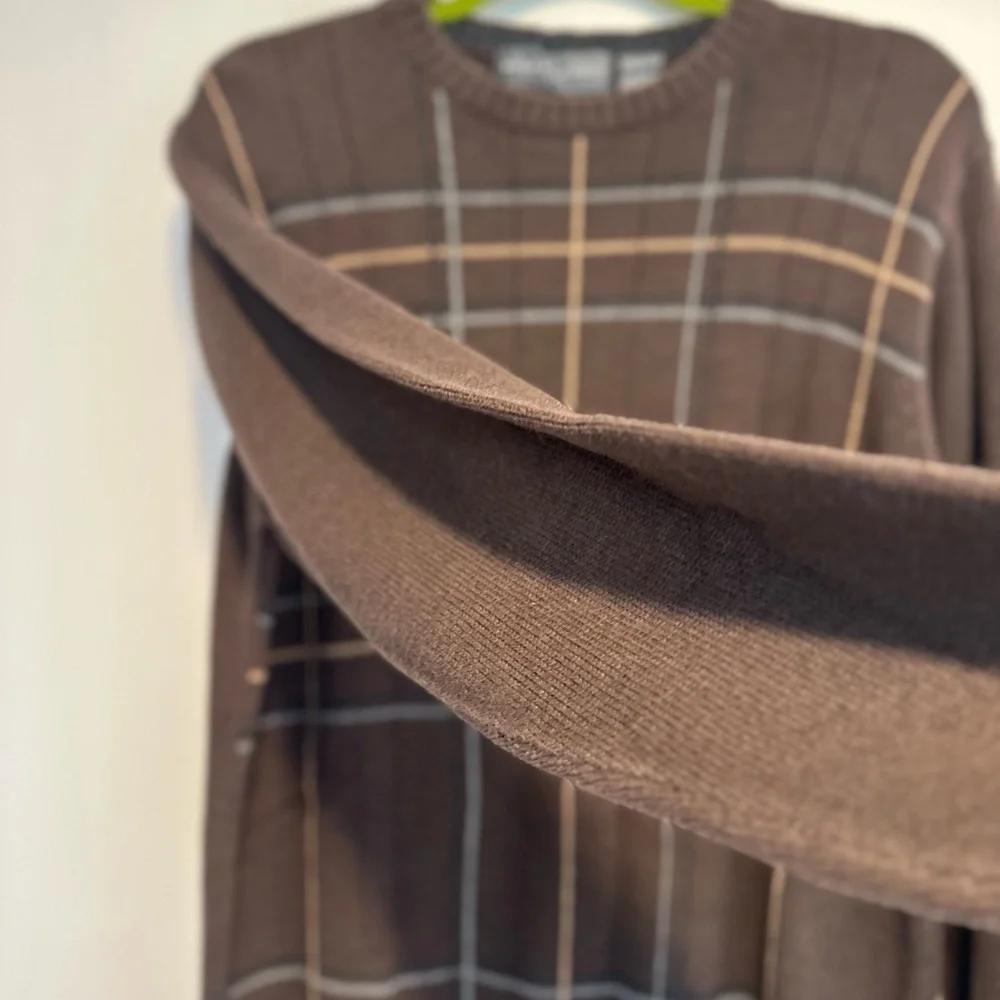VTG 90s Oscar de la Renta Brown Grandpacore Plaid Pullover Crew Neck Sweater.